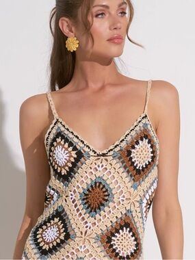 Elan Crochet Square Motif Midi Dress in Beige, Brown & Blue